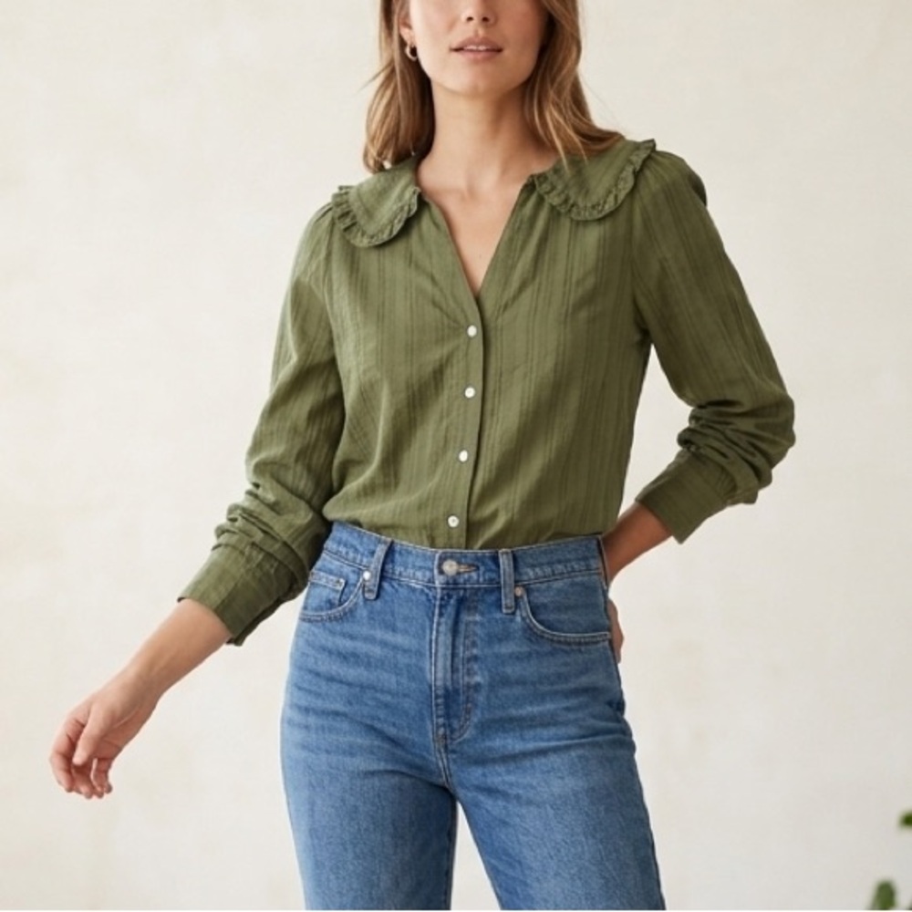 Madewell Ruffle Collar Button Up Front Shirt Olive Green Top 0